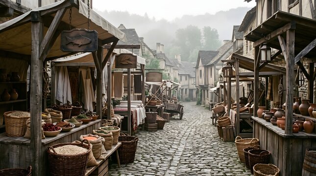 Medieval market street with wooden stalls and cobblestones in morning fog