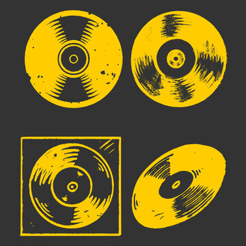 Set four retro vinyl doodle illustration features multiple hand drawn sound record discs. Classic musical album collection bundle for modern festival t-shirt print layout clip art.