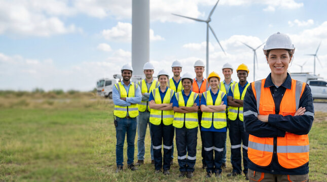 Wind energy engineer leads diverse renewable energy team at modern wind farm, highlighting clean energy, sustainability, engineering expertise and industrial teamwork with copy space.