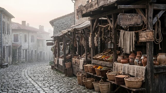Antique Stone Street Scene With Traditional Medieval Market Stalls At Dawn