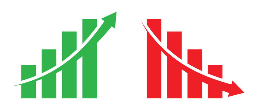 Line growth and decrease graph chart vector icon set. Growth up and down sign. Profit and loss icon. Revenue growth and decrease, Percentage growth and decrease vector illustration.