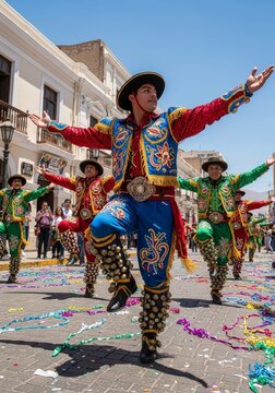 Dancers in traditional costumes perform in the street. Men wearing colorful festive outfits with bells and hats during a carnival parade. Latin American cultural heritage celebration.