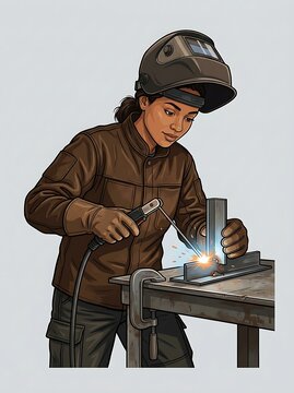 Female welder fusing metal parts at a workbench