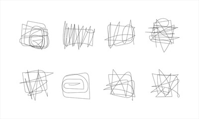 Obraz premium Abstract Hand Drawn Geometric Scribble Shapes Collection with Freeform Linear Sketches, Minimal Continuous Pen Stroke Doodles, Modern Editable Vector Line Art Set Isolated on White Background
