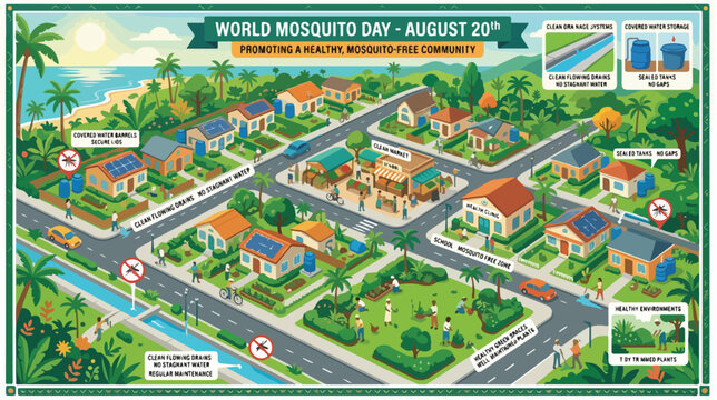 World Mosquito Day August 20th awareness campaign in a vibrant tropical town.