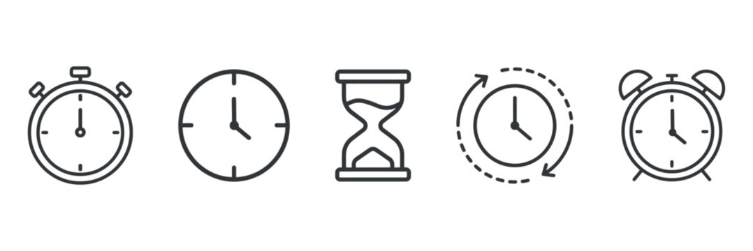 Stopwatch clock hourglass timer and alarm clock line icons on a transparent setting
