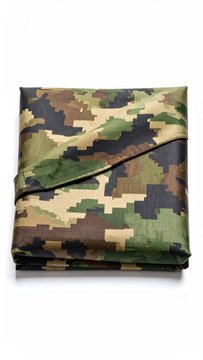 Folded camouflage fabric with a strap on a white background