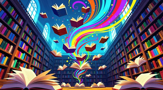 Imaginary library interior scene with many colorful books. Open books float upwards, releasing streams of bright rainbow colors. Endless shelves with varied books fill grand room. Knowledge, learning