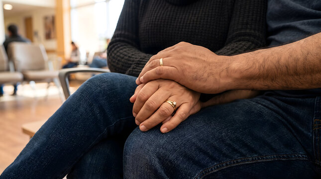 couple holding hands wearing wedding rings in waiting room