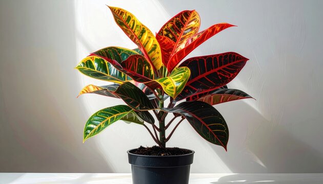 Vibrant potted plant with vividly colored leaves, bathed in soft light