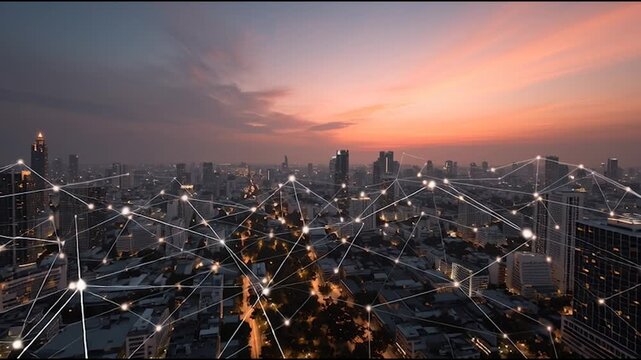 Smart digital city with connection cyber security network reciprocity over the twilight cityscape.future wireless digital city and social media networking systems that connects people within the city	