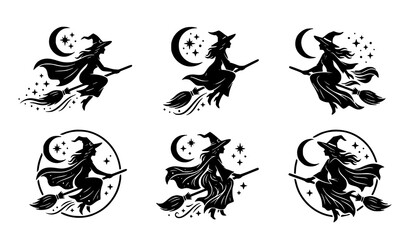 Obraz premium Elegant Witch Flying on Broomstick Celestial Silhouette Emblem Vector Collection