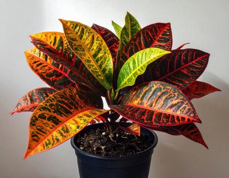 Vibrant potted plant with multicolored, veined leaves of red, orange, yellow, and green