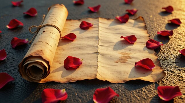 Rolled aged parchment lies on dark surface with scattered red rose petals. Empty scroll tied with rope, antique paper and floral decoration, romantic vintage background for writing.