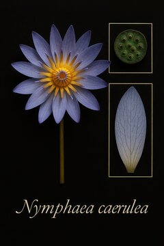 Fine art botanical arrangement depicting blue water lily specimen isolated with elegant italicized Latin taxonomy