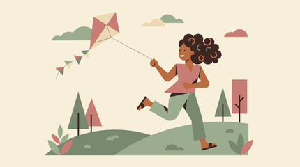 Fototapeta premium Young woman joyfully flying a kite in a park with trees and clouds