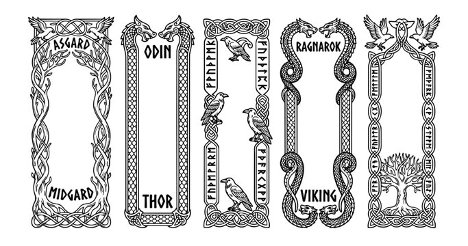 Viking Norse mythology bookmarks set, Celtic knotwork borders with Odin and Thor text, medieval dragon and raven illustrations, 5 vector frames