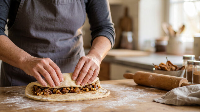 moment of preparation Traditional Christmas Swiss Pear Bread - Birnbrot or Birnweggen, close-up of Swiss-American baker's hands wrapping dried pear and nut fillings traditional roll shape, copy space
