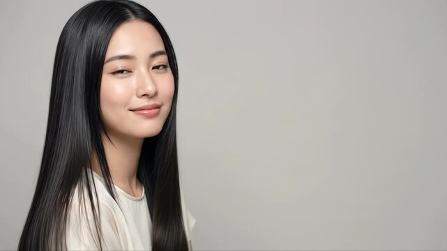 髪に触れながら穏やかな微笑みを浮かべる女性