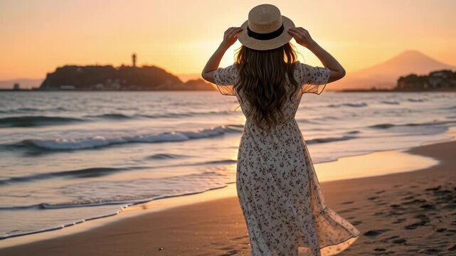 夕暮れの湘南の砂浜で麦わら帽子を被り海を眺める女性