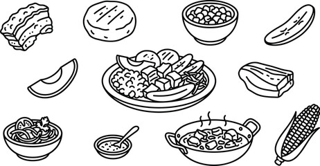 Colombian Bandeja Paisa Traditional Dinner Vector Concept Featuring Plated Rice Beans Chicharron Crispy Pork Belly Arepa Avocado Salad and Steaming Stew Pan Outlines © MDRUBEL