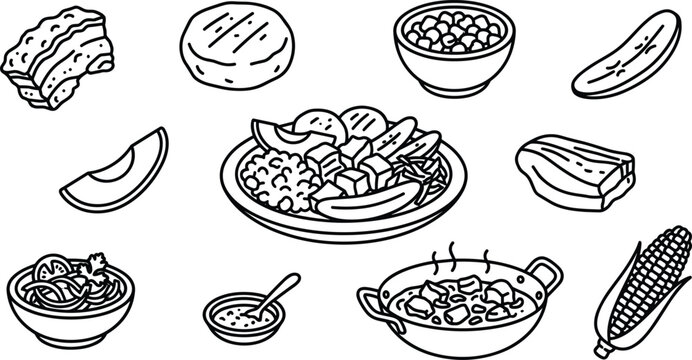 Colombian Bandeja Paisa Traditional Dinner Vector Concept Featuring Plated Rice Beans Chicharron Crispy Pork Belly Arepa Avocado Salad and Steaming Stew Pan Outlines