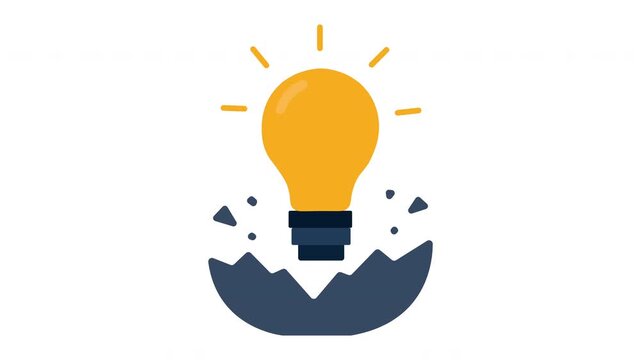 Glowing light bulb icon rising with light rays, business idea innovation and creative solution flat vector motion graphics animation video