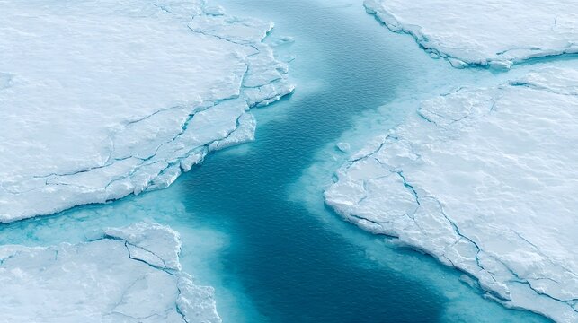 Aerial view of floating sea ice with widening channels in a stark polar environment under clear skies