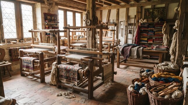 Traditional Weaving Workshop with Antique Wooden Looms and Wool