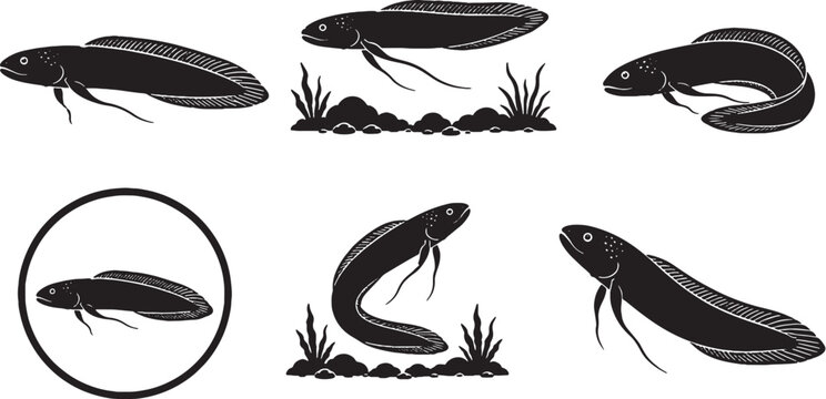 African Lungfish Silhouette Icon Set Black Vector Primitive Freshwater Fish Collection