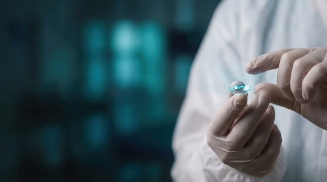 Hand holding glowing microchip, showcasing advanced biotechnology for personalized medicine innovation and future health diagnostics.