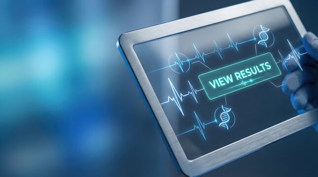 Hand holding glowing digital tablet displaying medical diagnostics, providing secure health data analysis for patient outcome optimization.