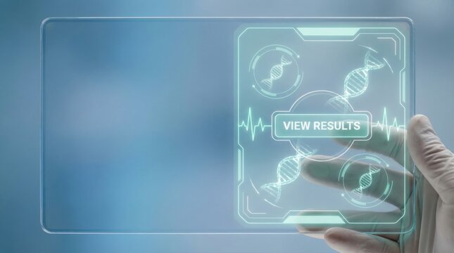 Gloved hand presents a transparent screen displaying genomic insights, offering predictive analytics for personalized medicine strategy.