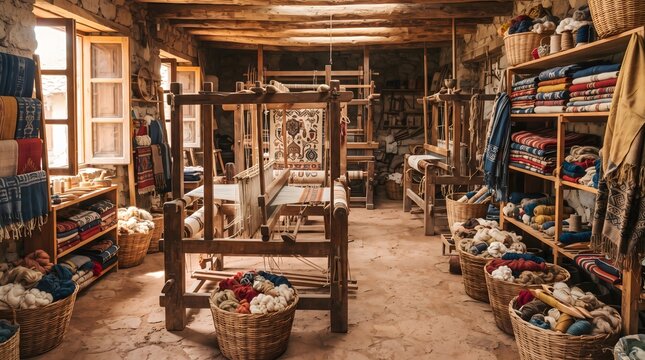 Traditional Handwoven Textile Workshop with Wooden Looms and Colorful Fabric