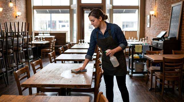 A restaurant server carefully wiping and sanitizing a wooden dining table in an empty dining room