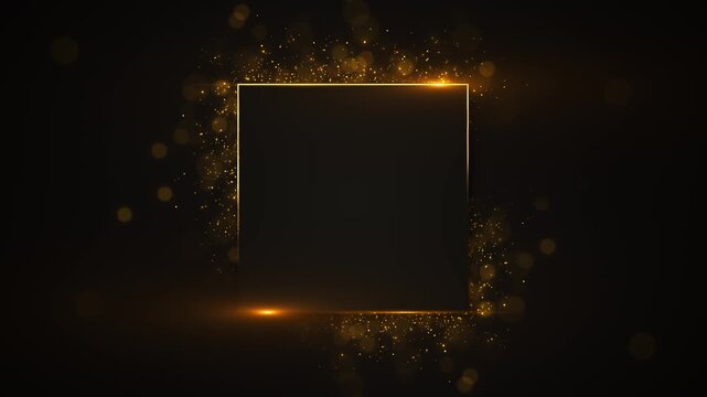 Golden square particle frame background dark luxury center, glowing border, sparkling dust, bokeh lights. premium titles, wedding award intros, jewelry promos, brand reveals, cinematic motion overlays