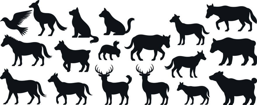 Animal silhouette icon set illustration, bird kangaroo cat squirrel dog horse deer bear vector art, wildlife