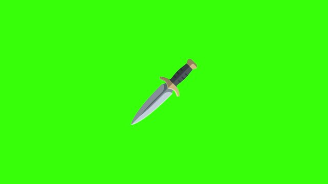 Medieval Dagger Flying and Striking Screen Center on Green Screen Background