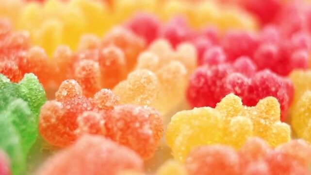 Gummy candy bears arranged in colorful rows creating sweet snack background texture