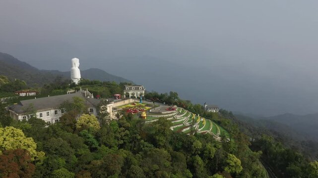 B&agrave; N&agrave; Hills Resort Aerial View: Golden Bridge, Giant Buddha Statue, French Village & Panoramic Da Nang Cityscape, Vietnam