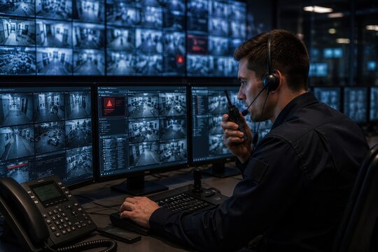 Security officer with headset holding walkie talkie near alert notification screen in command room. Concept of incident response, emergency dispatch, and risk control.