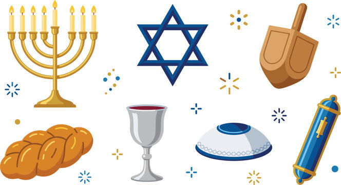  Cute jewish festival graphic elements pack including traditional menorah candles festive food and symbols for hanukkah shabbat and holiday celebrations vector