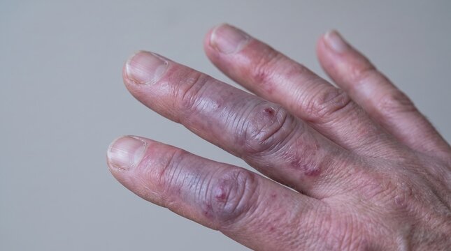 Bruised and Swollen Male Hand Fingers with Chilblains and Purpura