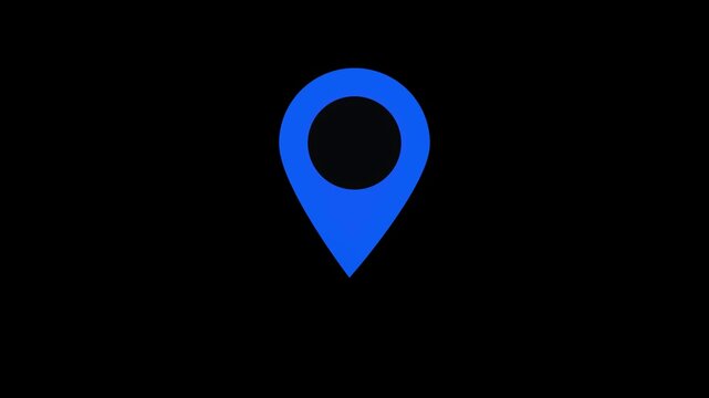 Simple, clean, and modern blue location pin icon on black transparent background, perfect for maps, navigation apps, websites, travels and more. GPS location pointer motion video