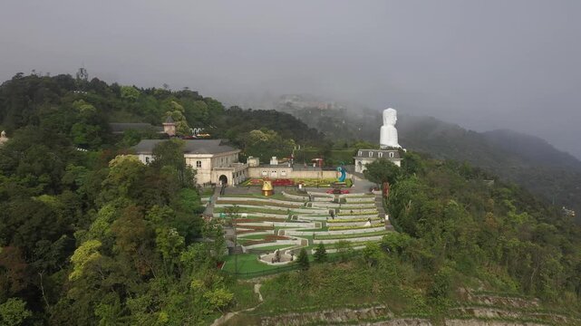 B&agrave; N&agrave; Hills Resort Aerial View: Golden Bridge, Giant Buddha Statue, French Village & Panoramic Da Nang Cityscape, Vietnam