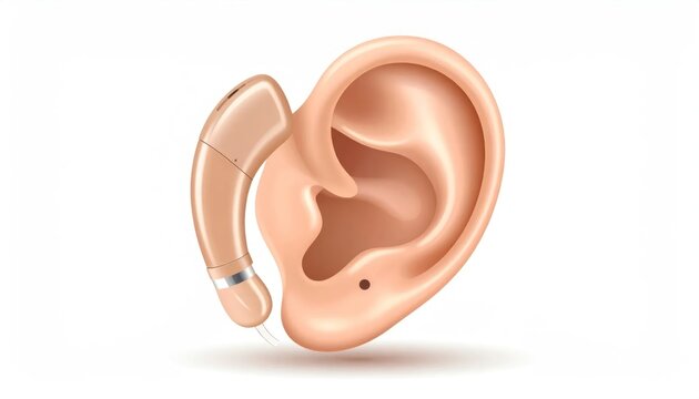 Flesh-colored behind-the-ear hearing aid on realistic human ear.