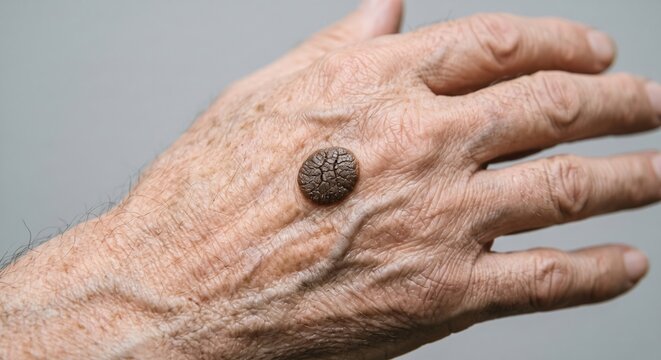 Large Seborrheic Keratosis Dark Mole on Back of Aging Hand
