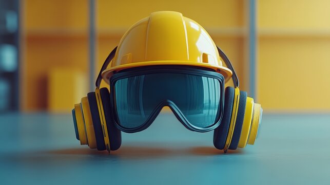 Yellow safety helmet with blue goggles and ear protection resting on a surface against a blurred yellow background.