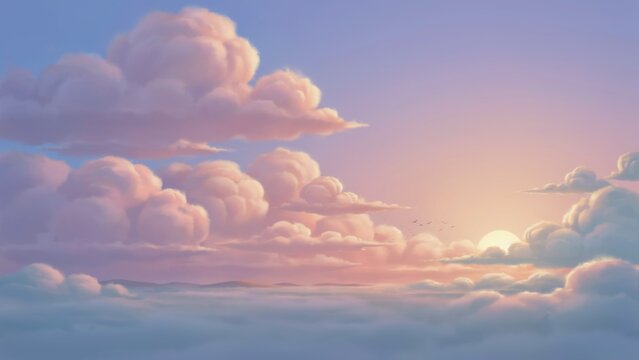 Dreamy sunrise over a sea of soft fluffy clouds in pastel colors