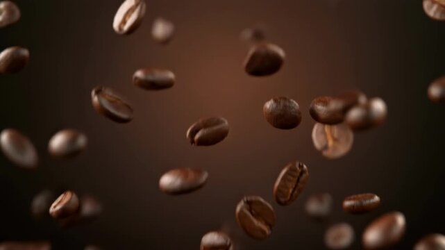 Roasted coffee beans falling in slow motion against a dark gradient background with cinematic lighting